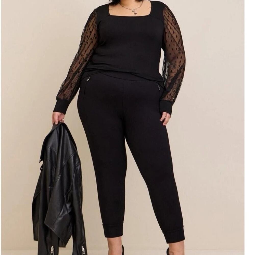 New Torrid Soft Knit Top Black Square Neck Polka Dot Mesh Long Sleeve Sz 2X